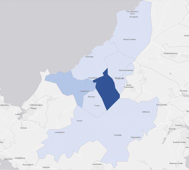 Screenshot of the cluster map in the Camborne/Pool/Redruth area (Image: UK Government/Public Health England/Arcgis)